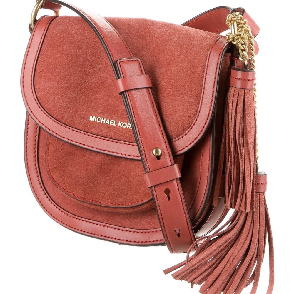 MICHAEL KORS Dunn Burnt Sienna Saddle Bag Crossbody Leather Suede Tassel Accent